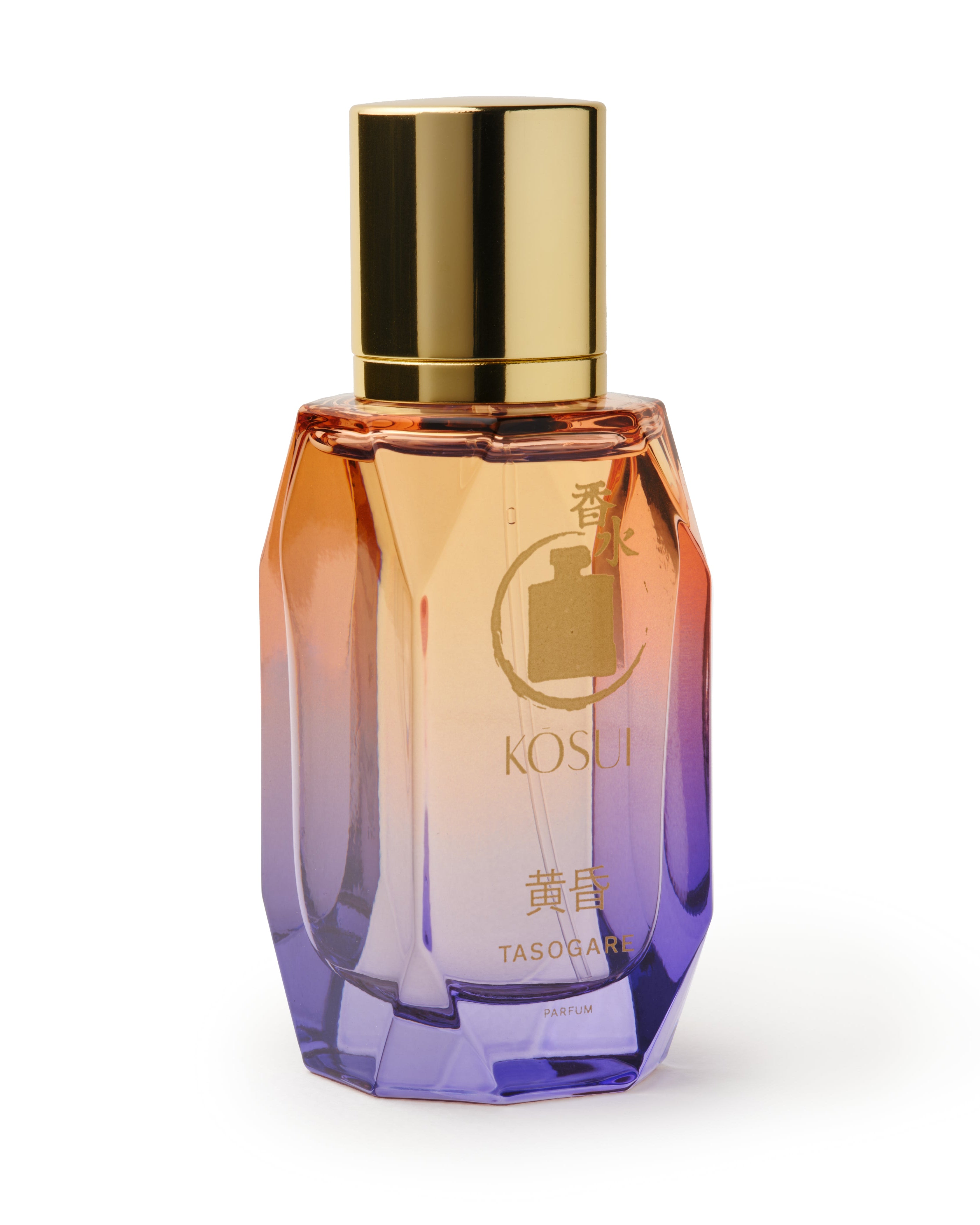 Gradient-colored perfume bottle with gold cap on a white background