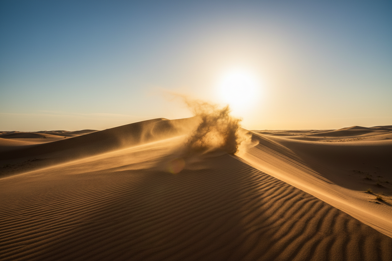 Could you making a 5 second looping video of a hot sandy desert with a little gust of wind blowing some sand that is on a sand dune