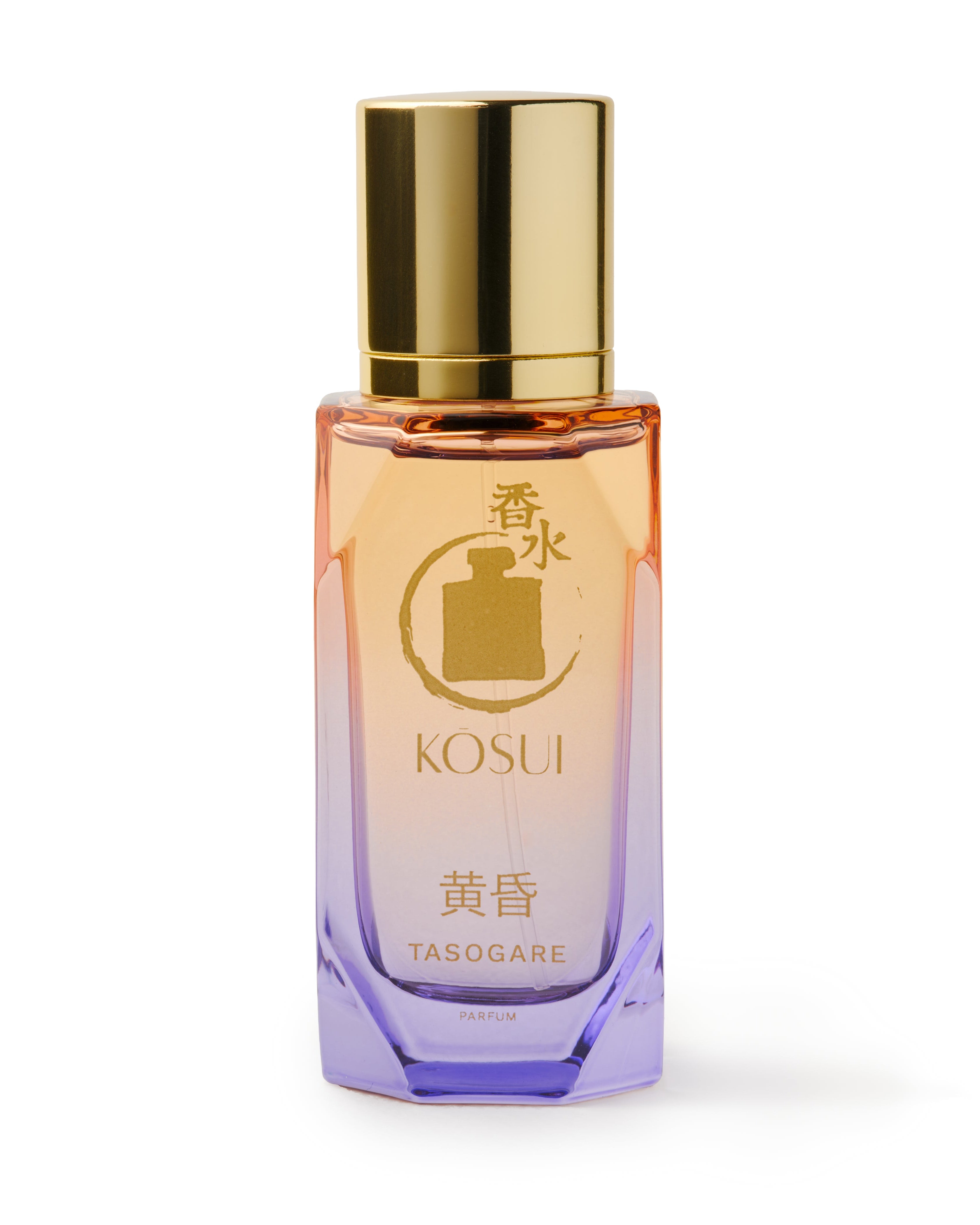 Perfume bottle with gold cap and gradient design on a white background