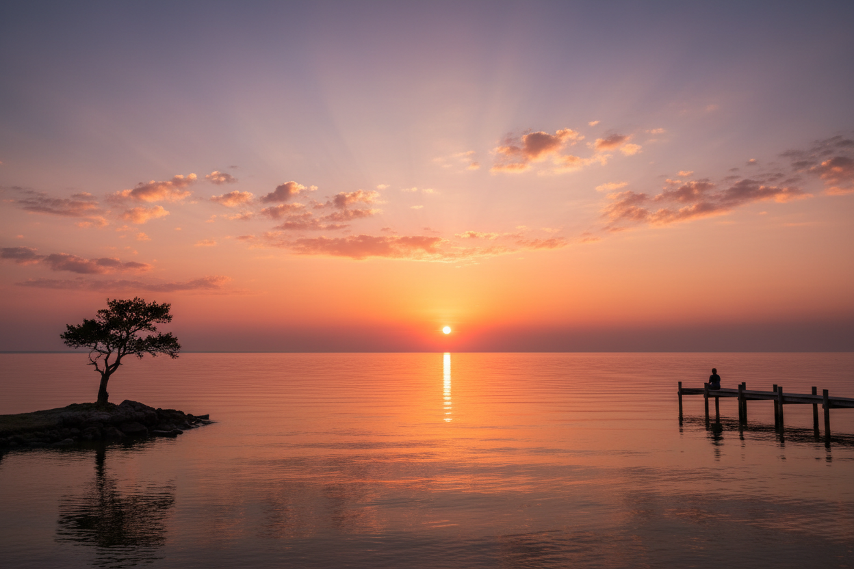 a really pretty sunset where the sun is just over the horizon line and the sky is a pretty orange and purple gradient. This should feel peaceful and inspiring