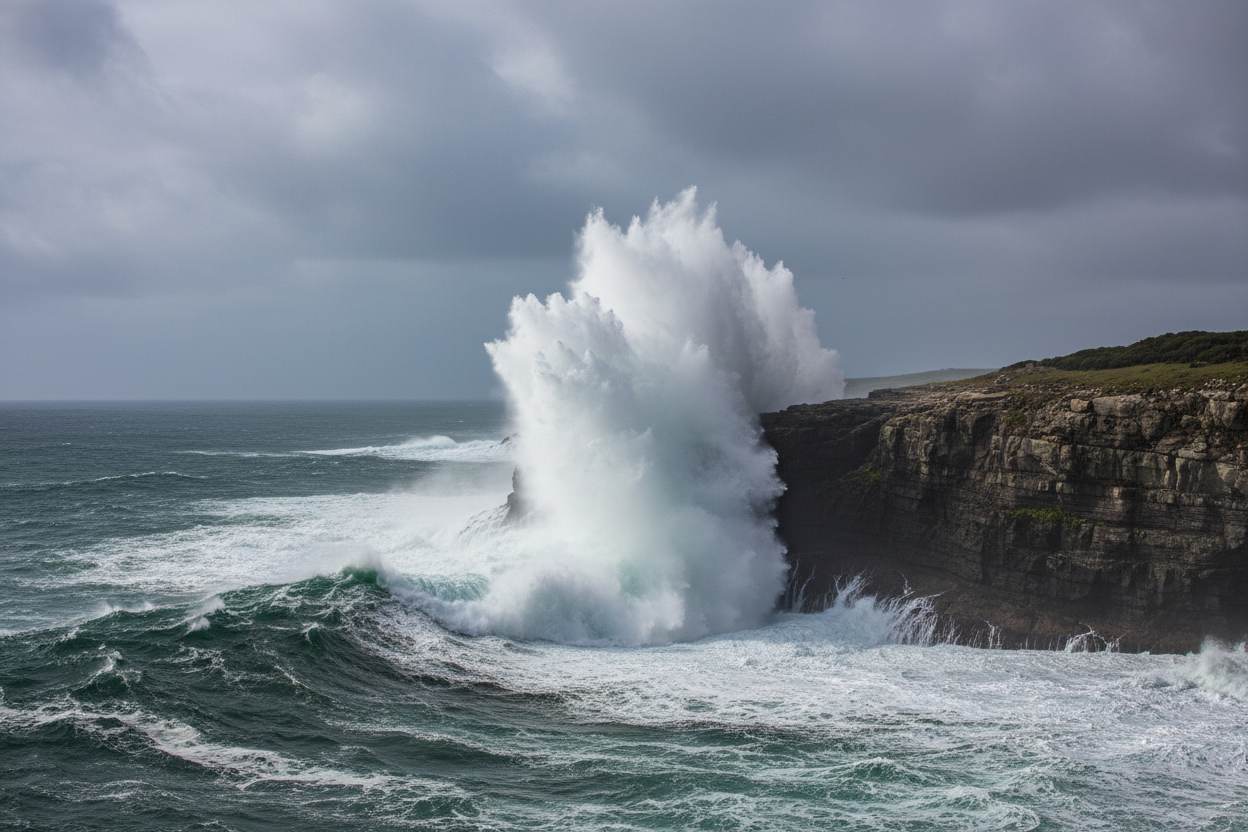 a wave crashing against a high cliffside on a slightly overcast day