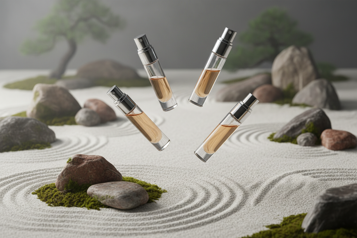 This looks great, but maybe just 4 or 5 perfume samples falling, this is too many. For the background, could we try a peaceful japanese zen garden and for the foreground, also a peaceful japanese zen garden. Make this a very hyper realistic Japanese zen garden